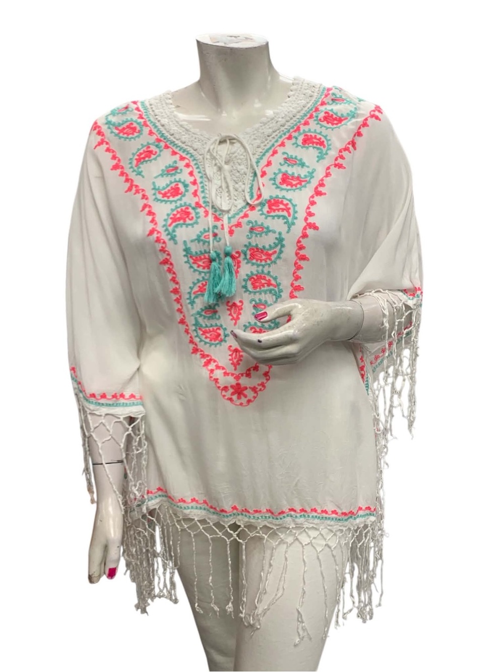Bali Queen White Tunic with Pink & Teal Embroidery and Fringe Size O/S